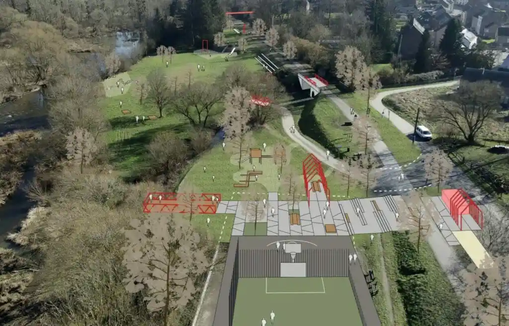 Château de Vêves dominant le village de Celles, pentagone de tour circulaires