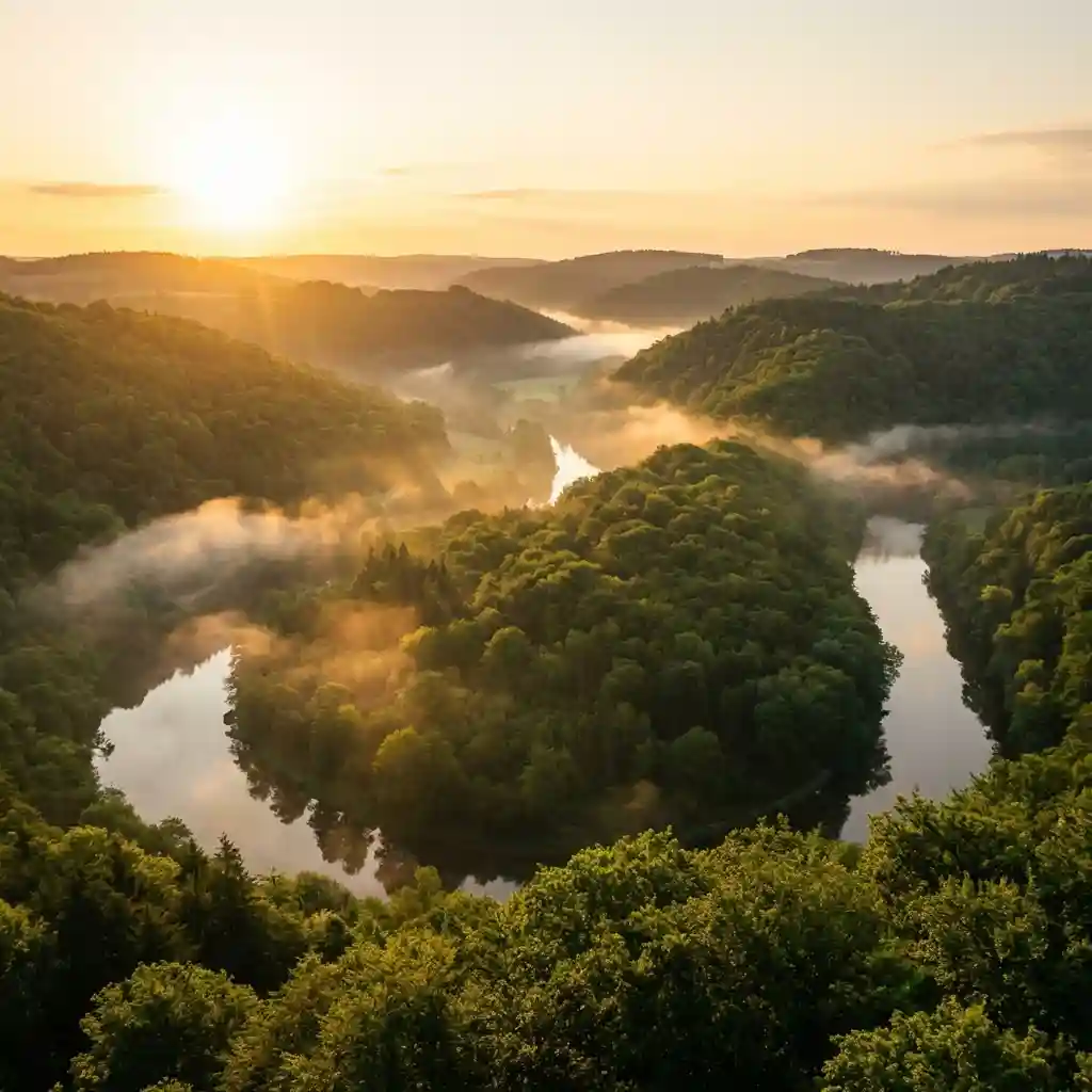 Neblige Landschaft bei Sonnenaufgang über dem Semois-Tal in den belgischen Ardennen