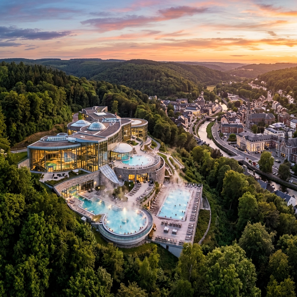 Thermes panoramiques de Spa avec vue sur la ville depuis la colline
