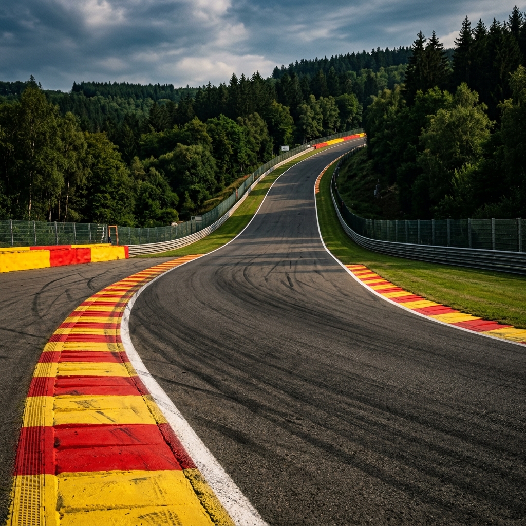 Voiture de course gravissant le virage mythique du Raidillon de l'Eau Rouge à Spa-Francorchamps