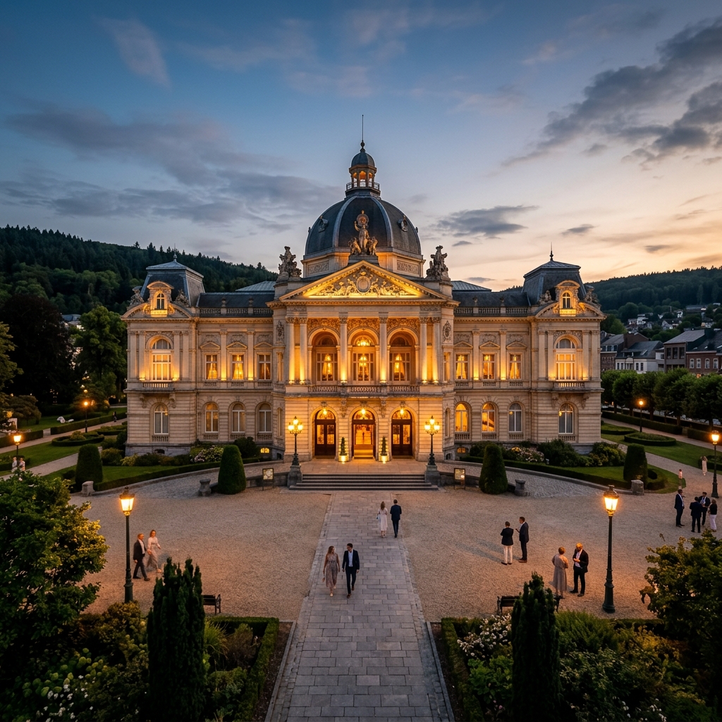 Façade historique illuminée du Casino de Spa (La Redoute) de nuit