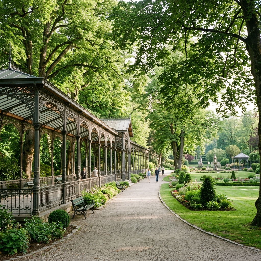 Promenade verdoyante dans le Parc de Sept Heures à Spa et ses galeries couvertes