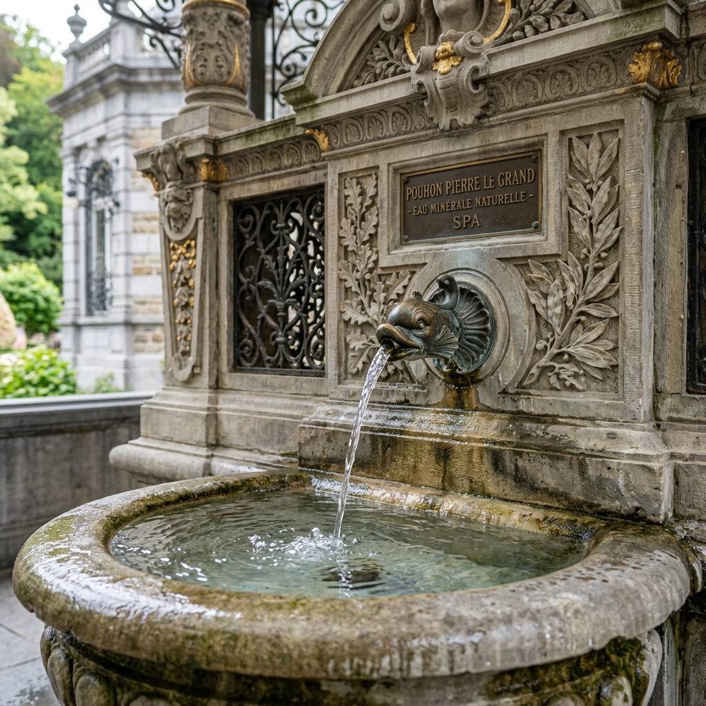 L'eau minérale ferrugineuse jaillissant au Pouhon Pierre le Grand, naturellement gazeuse
