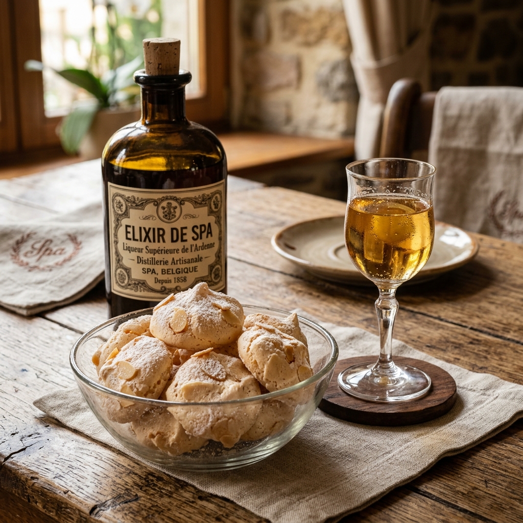 Les Baisers de Spa et la bouteille d'Élixir de Spa aux 40 herbes, spécialités gastronomiques